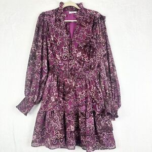 Avara Floral Dress Size XL Lurex Metallic Ruffle Tie Neck Tiered Boho Cottage